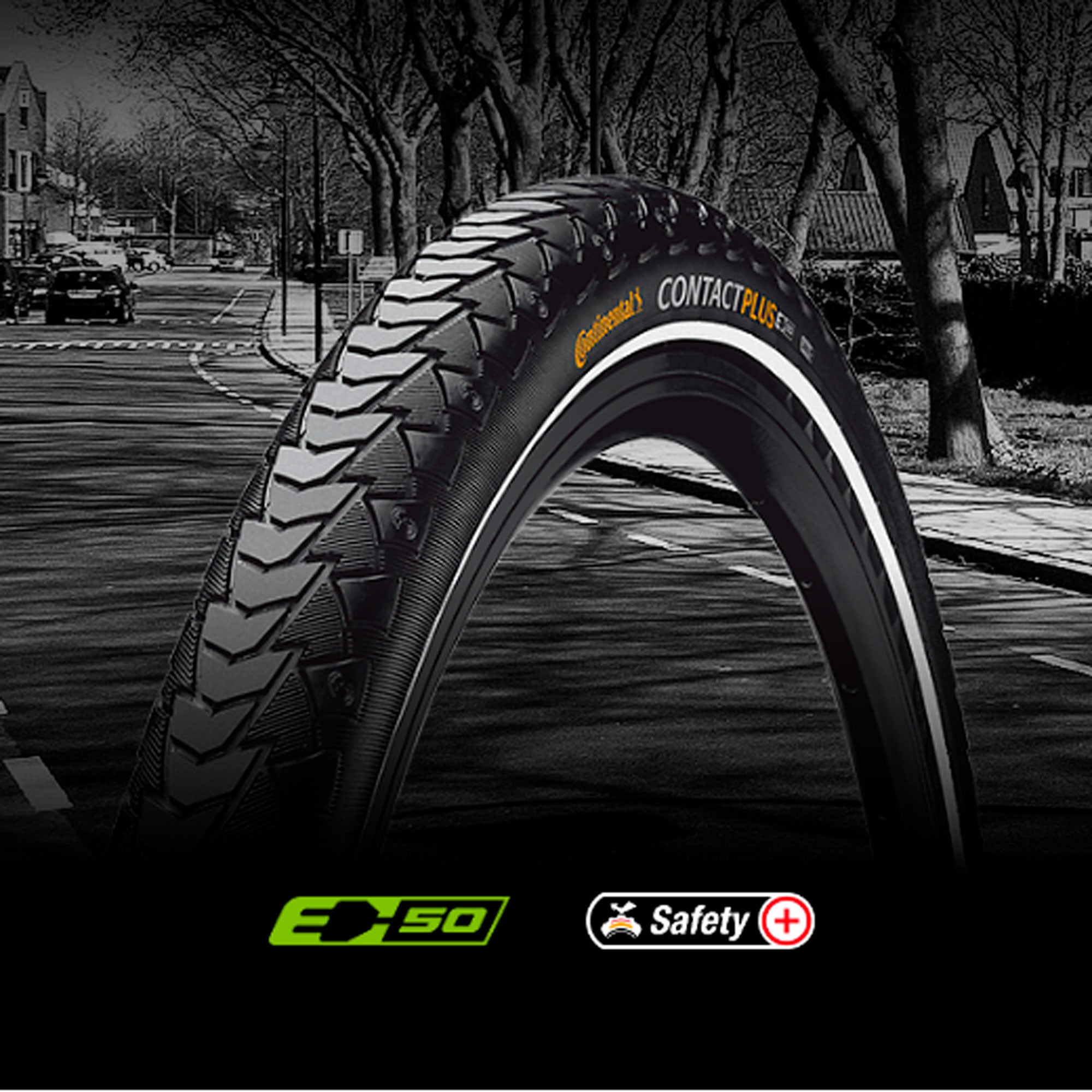 Покришка Continental CONTACT Plus, 28", 700 x 32C, 28 x 1 1/4 x 1 3/4, 32-622, Чорна, не складна, світловідбиваюча, SafetyPlus Breaker, 750гр.